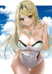  1girl bangs bare_shoulders blonde_hair blush breasts cleavage gem highres jewelry large_breasts long_hair looking_at_viewer mythra_(radiant_beach)_(xenoblade) mythra_(xenoblade) nayuta-kanata one-piece_swimsuit solo strapless strapless_swimsuit swept_bangs swimsuit tiara very_long_hair white_one-piece_swimsuit xenoblade_chronicles_(series) xenoblade_chronicles_2 yellow_eyes 
