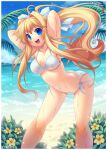  1girl air_(visual_novel) armpits arms_behind_head beach bent_over bikini blonde_hair blue_eyes blush bow breasts cleavage commission day emperpep english_commentary flower hair_bow hibiscus kamio_misuzu large_breasts long_hair medium_breasts navel open_mouth outdoors palm_tree ponytail shiny_skin side-tie_bikini_bottom smile solo swimsuit tree very_long_hair wet white_bikini 