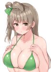  1girl absurdres bangs bare_arms bikini blunt_bangs blush breasts brown_eyes brown_hair cleavage commentary_request green_bikini hair_ribbon highres long_hair looking_at_viewer love_live! medium_breasts minami_kotori open_mouth ribbon shinonon_(iso_shino) simple_background skindentation solo swimsuit triangle_mouth upper_body white_background 