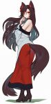  1girl animal_ears ass bare_shoulders black_footwear boots brown_hair commentary ehrrr full_body hair_between_eyes hand_up high_heel_boots high_heels highres imaizumi_kagerou long_hair long_skirt long_sleeves looking_at_viewer off-shoulder_shirt off_shoulder red_eyes red_skirt shirt simple_background skirt solo standing tail touhou unfinished very_long_hair white_background white_shirt wolf_ears wolf_tail 