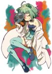  1girl ahoge bangs bare_shoulders blush bow bowtie closed_mouth coat detached_collar dress full_body ganeshia gas_mask green_eyes green_hair hair_ornament holding holding_mask labcoat long_sleeves magia_record:_mahou_shoujo_madoka_magica_gaiden magical_girl mahou_shoujo_madoka_magica mask miyako_hinano shoes short_hair sitting sleeves_past_fingers sleeves_past_wrists smile solo thighhighs tongue tongue_out white_coat 