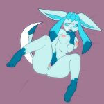 &lt;3 &lt;3_eyes absurd_res anthro anus areola big_breasts big_ears blue_body blue_fur blue_sclera bodily_fluids breasts butt_from_the_front canid dipstick_limbs ear_piercing ear_ring eeveelution female fur furgonomics generation_4_pokemon genital_fluids genitals glaceon hand_in_mouth hi_res kbul lying mammal masturbation navel nintendo nipples nude on_back piercing pink_areola pink_nipples pokemon pokemon_(species) purple_background pussy pussy_juice ring_piercing simple_background solo spread_legs spreading steam thick_thighs white_eyes wide_hips 
