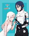  2girls android ariane_yeong bangs bird blue_eyes breasts closed_eyes dress elster_(signalis) joints long_hair metal_skin multiple_girls robot_joints science_fiction short_hair signalis simple_background smile torinone white_hair yuri 