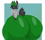  2023 absurd_res alternate_color anthro big_butt biped black_body black_fur bloocherrypie blue_background blue_eyes border bottomless butt butt_focus butt_grab cinderace clothed clothing fan_character fur generation_8_pokemon green_body green_fur hand_on_butt hi_res hoodie hoodie_only huge_butt hyper hyper_butt looking_at_viewer looking_back looking_back_at_viewer male multicolored_body multicolored_fur nintendo pokemon pokemon_(species) portrait rear_view reathe_(character) simple_background solo standing three-quarter_portrait topwear topwear_only two_tone_body two_tone_fur white_border 