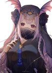  1girl arknights bangs black_flower black_rose braid breast_curtains breasts flower head_wings heyyuriy highres large_breasts long_hair long_sleeves looking_at_viewer manticore_(arknights) mouth_veil official_alternate_costume parted_lips pointy_ears purple_eyes purple_hair rose see-through simple_background solo twin_braids upper_body veil very_long_hair white_background 