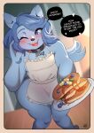  anthro apron apron_only blue_body blue_fur blue_hair blush bob_cut breakfast canid canine canis clothing collar first_person_view food frilly fur girly hair lazysnout male mammal morning mostly_nude overweight overweight_male pancake slightly_chubby smile solo syrup thick_thighs timbywuff wide_hips wolf 