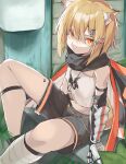  1girl animal_ears arknights bandaged_leg bandages bare_shoulders black_gloves blonde_hair elbow_gloves gauntlets gloves hair_ornament hairclip highres jewelry looking_at_viewer midriff necklace orange_eyes oripathy_lesion_(arknights) scarf short_hair shorts signal_1120 sitting solo vermeil_(arknights) 