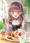  1girl :d absurdres blueberry blurry blurry_background braid brown_hair coat colored_inner_hair cup dessert diamond-shaped_pupils diamond_(shape) drink drinking_glass drinking_straw food fork fruit grey_coat gyaru highres holding holding_fork holding_knife ice ice_cube indoors kiwi_(fruit) kiwi_slice knife long_hair long_sleeves multicolored_hair nail_polish open_clothes open_coat pancake plate purple_hair restaurant smile solo_focus strawberry streaked_hair symbol-shaped_pupils 