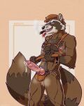  absurd_res anthro ball_bulge big_bulge bodily_fluids body_hair bulge chest_hair cigar clothing digital_media_(artwork) drooling flaccid fur genital_fluids genitals guardians_of_the_galaxy happy_trail harness hat headgear headwear hi_res jockstrap knot leaking_precum leather leather_daddy looking_at_viewer madfen male mammal marvel muscular muscular_anthro muscular_male musk musk_clouds navel nipples pecs penis precum procyonid raccoon rocket_raccoon saliva simple_background smoke smoking solo tongue tongue_out underwear 