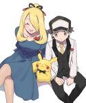  1boy 1girl adapted_costume blonde_hair blue_dress bow bowtie brown_eyes closed_eyes collarbone collared_shirt cynthia_(pokemon) cynthia_(sygna_suit)_(aura)_(pokemon) dress hair_over_one_eye highres necktie open_mouth pikachu pokemon pokemon_(creature) pokemon_(game) pokemon_masters_ex ponytail pumpkinpan red_(pokemon) red_(sygna_suit)_(thunderbolt)_(pokemon) shirt simple_background sitting smile tail white_background 