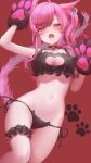  1girl animal_hands arm_up avatar_(ff14) bangs bare_arms bare_shoulders bell black_bra black_choker black_garter black_panties blush bra breasts bridal_garter cat_cutout cat_ear_panties cat_girl cat_lingerie cat_paws cat_tail choker cleavage cleavage_cutout clothing_cutout commission crescent crescent_hair_ornament eyelashes facial_mark fang final_fantasy final_fantasy_xiv frilled_bra frilled_garter frills hair_ornament half-closed_eyes hand_up highres jingle_bell long_hair looking_at_viewer medium_breasts meme_attire metatarou miqo&#039;te navel neck_bell open_mouth panties paw_print paw_print_background pink_eyes pink_hair red_background side-tie_panties side_ponytail simple_background skeb_commission skin_fang solo stomach string_panties swept_bangs tail tail_raised thighs underwear underwear_only whisker_markings 