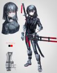  1girl absurdres asymmetrical_gloves black_hair boots cropped_jacket full_body gloves grey_background harness highres jacket leather leather_jacket leather_pants looking_at_viewer medium_hair original pants quasarcake red_eyes reference_sheet sheath sheathed slit_pupils solo standing sword weapon weapon_on_back 