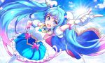  1girl ahoge blue_eyes blue_hair blue_skirt bow brooch cape commentary_request cure_sky detached_sleeves earrings fingerless_gloves gloves gradient_hair hand_on_hip highres hirogaru_sky!_precure jewelry kyoutsuugengo magical_girl multicolored_hair open_mouth pink_bow pink_hair precure puffy_detached_sleeves puffy_sleeves single_earring single_sidelock skirt smile solo sora_harewataru thighhighs two-sided_cape two-sided_fabric white_gloves white_thighhighs wing_brooch wing_hair_ornament 