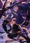  armor aryarych ass back black_armor black_gloves black_panties camilla_(fire_emblem) cowboy_shot fire_emblem fire_emblem_fates gloves hair_over_one_eye highres holding holding_weapon lips long_hair looking_at_viewer looking_back panties purple_eyes purple_hair solo thighs tiara torn_clothes underwear very_long_hair wavy_hair weapon 