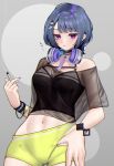  1girl :p absurdres asymmetrical_clothes bandeau black_camisole black_choker black_shirt blue_hair boyshort_panties breasts camisole choker cigarette crop_top hand_in_panties headphones headphones_around_neck highres holding holding_cigarette koshimizu_toru looking_at_viewer medium_breasts mole mole_under_eye navel nijisanji no_pants off-shoulder_shirt off_shoulder panties purple_eyes purple_nails sake-sakanaya see-through shirt short_hair short_sleeves smoke solo stomach tongue tongue_out triangle_hair_ornament underwear virtual_youtuber wristband yellow_panties 