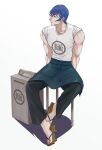  1boy apron black_pants blue_eyes blue_hair chair full_body gekkou_jourei geta hair_between_eyes highres iwasaki_gekkou male_focus pants pectorals shirt short_hair sideburns simple_background sitting solo spina00se waist_apron white_background white_shirt 