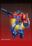  1980s_(style) autobot blue_eyes clenched_hand english_commentary full_body gun holding holding_gun holding_weapon jeffrey_mangiat_(style) mecha no_humans optimus_prime parody red_background retro_artstyle robot ryan_button science_fiction solo style_parody transformers transformers:_war_for_cybertron_trilogy weapon 