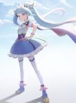  1girl blue_eyes blue_hair brooch cape cure_sky detached_sleeves full_body hand_on_hip highres hirogaru_sky!_precure jewelry long_hair looking_at_viewer magical_girl precure puffy_detached_sleeves puffy_sleeves single_sidelock sky smile solo sora_harewataru standing thighhighs twintails two-sided_cape two-sided_fabric white_thighhighs wing_brooch wing_hair_ornament yuzu_sato 