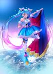  1girl absurdres ahoge blue_eyes blue_hair blue_skirt brooch cape commentary cure_sky detached_sleeves earrings english_commentary fingerless_gloves full_body gloves gradient_hair highres hirogaru_sky!_precure holding holding_cape holding_clothes jewelry magical_girl mitsuki_tayura multicolored_hair pink_eyes precure puffy_detached_sleeves puffy_sleeves single_sidelock skirt smile solo sora_harewataru thighhighs two-sided_cape two-sided_fabric white_gloves white_thighhighs wing_brooch wing_hair_ornament 