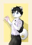  absurd_res anthro black_hair blue_eyes canid canine canis clothing domestic_dog hair hi_res hokkaido_dog kemono looking_at_viewer male male/male mammal sakai_the_inu school_uniform simple_background solo solo_focus spitz thejameater uniform young 