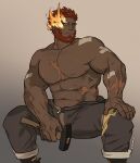  1boy abs absurdres bara beard dark-skinned_male dark_skin eyebrow_cut facial_hair feet_out_of_frame flaming_eye grey_pants hammer hephaestus_(housamo) highres holding holding_hammer large_pectorals looking_to_the_side male_focus mature_male muscular muscular_male navel nimozie2 nipples pants pectorals red_eyes scar scar_on_chest short_hair sitting sleeves_rolled_up solo stomach thick_eyebrows tokyo_afterschool_summoners topless_male 