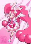  animal_ears bow cake_hair_ornament choker cure_whip earrings food-themed_hair_ornament food-themed_ornament gloves hair_ornament inuyagi_akira jewelry kirakira_precure_a_la_mode long_hair magical_girl open_mouth paw_shoes pink_bow pink_choker pink_eyes pink_footwear pink_hair pom_pom_(clothes) pom_pom_earrings pouch precure rabbit_ears smile twintails_day usami_ichika v_over_eye very_long_hair white_gloves 