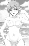  1girl absurdres bikini bracelet breasts go-toubun_no_hanayome greyscale highres inanaki_shiki jewelry looking_at_viewer medium_breasts monochrome nakano_ichika ocean open_mouth short_hair side-tie_bikini_bottom string_bikini swimsuit thigh_gap 