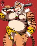  anthro balls barazoku bearlovestiger13 belly black_markings blush bottomwear bulge clothed clothing club_(weapon) digital_media_(artwork) felid fur genitals hair hi_res hombretigre horn humanoid_genitalia humanoid_hands humanoid_penis japanese_text kemono lifewonders looking_at_viewer male mammal markings melee_weapon muscular muscular_anthro muscular_male navel nipples orange_body orange_fur pantherine partially_clothed pecs penis pubes setsubun simple_background solo text tiger tokyo_afterschool_summoners tongue tongue_out underwear weapon 