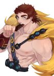  1boy abs bara brown_hair candy cape chocolate chocolate_bar cropped_torso eating fate/grand_order fate_(series) food highres holding holding_food large_pectorals looking_at_viewer male_focus medium_hair muscular muscular_male nipples pectorals simple_background smile solo spina00se super_orion_(fate) thick_eyebrows topless_male upper_body white_background yellow_cape 