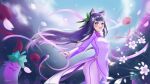  ^_^ animal_ears cherry_blossoms closed_eyes eggplant falling_petals flower highres hitatsuphat natsumi_hachi nijigen_project petals purple_eyes purple_hair tail uwu vietnamese_clothes vietnamese_dress 