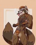  absurd_res anthro big_bulge bodily_fluids body_hair bulge chest_hair cigar clothing digital_media_(artwork) drooling flaccid fur genital_fluids genitals guardians_of_the_galaxy happy_trail harness hat headgear headwear hi_res jockstrap leaking_precum leather leather_daddy looking_at_viewer madfen male mammal marvel muscular muscular_anthro muscular_male musk musk_clouds navel nipples pecs penis precum precum_through_clothing procyonid raccoon rocket_raccoon saliva simple_background smoke smoking solo tongue tongue_out underwear wet wet_clothing 