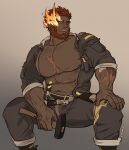  1boy abs absurdres bara beard dark-skinned_male dark_skin eyebrow_cut facial_hair feet_out_of_frame flaming_eye grey_pants grey_shirt hammer hephaestus_(housamo) highres holding holding_hammer large_pectorals looking_to_the_side male_focus mature_male muscular muscular_male navel nimozie2 nipples open_clothes open_shirt pants pectorals red_eyes scar scar_on_chest shirt short_hair sitting sleeves_rolled_up solo stomach thick_eyebrows tokyo_afterschool_summoners 