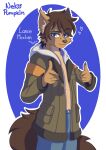  absurd_res anthro bare_chest blue_eyes bottomless bottomwear brown_body brown_fur brown_hair brown_nose bulge canid canine canis clothed clothing collarbone denim denim_clothing eyebrows finger_gun fluffy fluffy_ears fur gesture hair head_tuft hi_res hoodie hoodie_only jacket_only jeans lance_(voltron) leggings legwear long_tail looking_at_viewer male mammal nekopumpkin pants raised_eyebrow simple_background solo tail tan_body tan_fur teeth topwear topwear_only tuft 