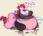  &lt;3 anthro big_breasts bloated breasts cake candy cleavage clothed clothing cookie cupcake dessert dialogue digestion_noises dipstick_tail exposed_belly female food fur hair hi_res hoodie huge_belly inner_ear_fluff kneeling leggings legwear lollipop markings navel pink_body pink_fur red_hair squidbiscuit stuffing tail tail_markings talking_to_viewer teasing_viewer topwear tuft 