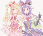  2girls asahina_mirai black_gloves blonde_hair blush bow cure_magical cure_miracle earrings elbow_gloves gloves hair_bow hat holding_hands itomugi-kun izayoi_liko jewelry long_hair magical_girl mahou_girls_precure! mini_hat mini_witch_hat multiple_girls one_eye_closed one_side_up pink_headwear precure purple_eyes purple_hair red_bow red_eyes short_bangs smile white_gloves witch_hat 
