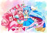  2girls absurdres ahoge apron blue_eyes blue_hair boots bow cape commentary_request cure_precious cure_sky delicious_party_precure detached_sleeves earrings fingerless_gloves gloves gradient_hair highres hirogaru_sky!_precure jewelry kazusa_hiyori kome-kome_(precure) long_hair magical_girl multicolored_hair multiple_girls nagomi_yui open_mouth pink_bow pink_hair precure puffy_detached_sleeves puffy_sleeves purple_eyes single_sidelock smile sora_harewataru thighhighs twintails two-sided_cape two-sided_fabric two_side_up very_long_hair white_gloves white_thighhighs wing_hair_ornament 