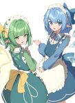  2girls absurdres alternate_costume apron back_bow bangs blue_bow blue_eyes blue_hair bow cirno commission daiyousei ei_tantan enmaided fairy_wings flat_chest frilled_apron frills green_eyes green_hair hair_bow highres ice ice_wings long_sleeves maid maid_apron maid_headdress multiple_girls pointy_ears puffy_long_sleeves puffy_sleeves second-party_source short_hair side_ponytail simple_background skeb_commission touhou waist_apron white_apron white_background wings yellow_bow 