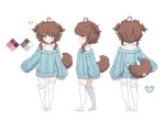  1girl absurdres ahoge animal_ears artist_request blue_sweater brown_hair choker dog_ears dog_girl dog_tail emi_(vtuber) full_body heart heterochromia highres indie_virtual_youtuber loose_thighhigh multiple_views no_pants no_shoes short_hair simple_background sleeves_past_wrists smile sweater tail thighhighs turnaround two_side_up virtual_youtuber white_background white_thighhighs 