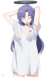  1girl absurdres adjusting_hair arms_behind_head arms_up blue_archive blush breasts closed_eyes collarbone cow halo highres large_breasts long_hair mouth_hold oversized_clothes oversized_shirt purple_hair rubber_band see-through_silhouette shirt simple_background solo tomid very_long_hair white_background white_shirt yuuka_(blue_archive) 