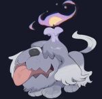  animal_focus dog fang fire flame greavard grey_fur highres milka_(milk4ppl) no_humans open_mouth pokemon pokemon_(creature) purple_fire skin_fang solo tongue tongue_out 