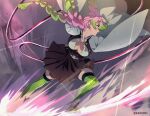  1girl arms_up attack bangs belt black_jacket black_skirt braid breasts cleavage commentary dalc_rose demon_slayer_uniform floating_clothes floating_hair full_body green_eyes green_hair green_thighhighs haori highres jacket japanese_clothes kanroji_mitsuri kimetsu_no_yaiba long_hair long_sleeves looking_away miniskirt mole mole_under_eye multicolored_hair outstretched_arms pink_hair pleated_skirt profile ribbed_thighhighs shirt skirt skirt_set slashing solo standing thighhighs tri_braids tri_tails twitter_username two-tone_hair unbuttoned unbuttoned_shirt unsheathed very_long_hair visible_air waraji weapon whip_sword white_jacket white_shirt wind zettai_ryouiki 