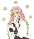 1girl :t bangs belt black_jacket black_skirt braid breasts cleavage covering_mouth demon_slayer_uniform eating food gradient_hair green_eyes green_hair hand_over_own_mouth hands_up holding holding_food illiillllililll jacket kanroji_mitsuri kimetsu_no_yaiba long_hair long_sleeves looking_at_viewer mole mole_under_eye multicolored_hair pink_hair pleated_skirt sakura_mochi shirt simple_background skirt skirt_set solo tri_braids tri_tails two-tone_hair unbuttoned unbuttoned_shirt upper_body wagashi white_background white_jacket white_shirt 