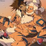  2boys abs absurdres arcanine bara beard body_fur brown_hair bulge cayden_(dizdoodz) completely_nude couple dark-skinned_male dark_skin dizdoodz earrings eevee facial_hair fangs feet_out_of_frame forked_eyebrows hand_on_another&#039;s_thigh head_on_another&#039;s_shoulder highres jason_(dizdoodz) jewelry large_pectorals male_focus mature_male mouth_hold multiple_boys muscular muscular_male navel navel_hair necklace nipples nude pectorals personification poke_ball pokemon scar scar_on_chest short_hair sideburns sitting smile spiked_hair spiked_necklace spread_legs stomach tail thick_eyebrows thick_thighs thighs tiger_stripes yaoi 