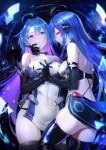  2girls ahoge armpit_crease ass azur_lane back_cutout bare_shoulders black_footwear black_gloves black_panties black_thighhighs blue_hair boots breasts clothing_cutout dual_persona elbow_gloves gloves hand_on_another&#039;s_face helena_(azur_lane) helena_(meta)_(azur_lane) highres holding_hands interlocked_fingers kai_(ootamuno12) long_hair looking_at_another looking_at_viewer medium_breasts multicolored_hair multiple_girls panties purple_eyes purple_hair red_eyes tabard thigh_boots thighhighs thighs two-tone_hair underwear 