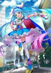  1girl :d asymmetrical_clothes blue_dress blue_eyes blue_footwear blue_hair blue_sky boots building cape car city cloud commentary_request commission cure_sky detached_sleeves dress earrings eyelashes fingerless_gloves giant giantess gloves ground_vehicle hair_ornament happy highres hirogaru_sky!_precure jewelry light_blue_hair light_blush long_hair looking_at_viewer magical_girl motor_vehicle open_mouth precure puffy_short_sleeves puffy_sleeves pukara road short_sleeves skeb_commission sky sky_mirage smile solo sora_harewataru thighhighs thighs twintails very_long_hair white_gloves white_thighhighs 