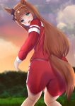  1girl alternate_costume animal_ears ass blurry blurry_background cloud commentary grass_wonder_(umamusume) hair_ornament highres horse_ears horse_girl horse_tail jacket looking_at_viewer looking_back open_mouth shia0016 shorts sky solo tail track_jacket umamusume 