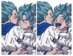  2boys blue_hair blush closed_eyes closed_mouth couple dragon_ball dragon_ball_super fecaa hand_on_another&#039;s_head hood hood_down hug jacket looking_at_another male_focus multiple_boys open_mouth short_hair smile son_goku spiked_hair super_saiyan super_saiyan_blue teeth upper_body vegeta white_jacket yaoi 