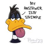  2023 anatid anseriform anthro avian bird black_body daffy_duck dialogue duck english_text headshot_portrait lisp looney_tunes male poppin portrait reaction_image signature simple_background solo standing talking_to_viewer text tongue tongue_out warner_brothers white_background 