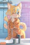  1girl :&gt; absurdres ahoge animal_ear_fluff animal_ears animal_nose arm_support artist_name bangs bathroom blonde_hair blue_eyes blue_hair blush blush_stickers body_fur breasts brushing_hair buttons cat_ears cat_girl cat_tail chromatic_aberration cleavage closed_mouth commentary_request commission cowboy_shot faucet furry furry_female hair_between_eyes hair_brush hand_up highres holding_hair_brush kemari_(kemono_mario) leaning_forward long_sleeves medium_breasts multicolored_fur multicolored_hair one_eye_closed orange_fur orange_pants orange_pantyhose orange_shirt original pants pantyhose shelf shirt short_hair sidelocks signature sink skeb_commission solo standing streaked_hair striped_fur striped_tail tail tile_wall tiles towel two-tone_hair white_fur yellow_fur 