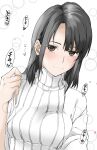  1girl black_hair blush breasts brown_eyes character_request closed_mouth elf_(stroll_in_the_woods) heart highres long_hair looking_at_viewer simple_background smile solo sweater turtleneck turtleneck_sweater white_background 